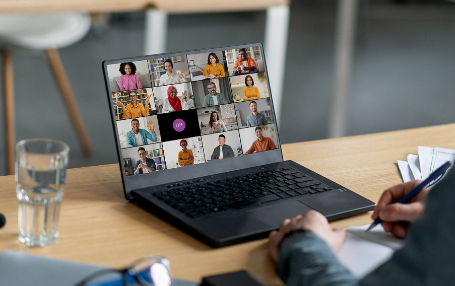 Laptop screen with different attendees in an online workshop Laptop screen with different attendees in an online workshop