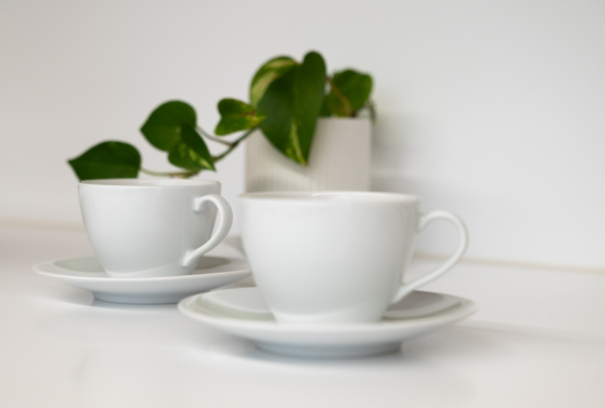 two cups of coffee and a plant
